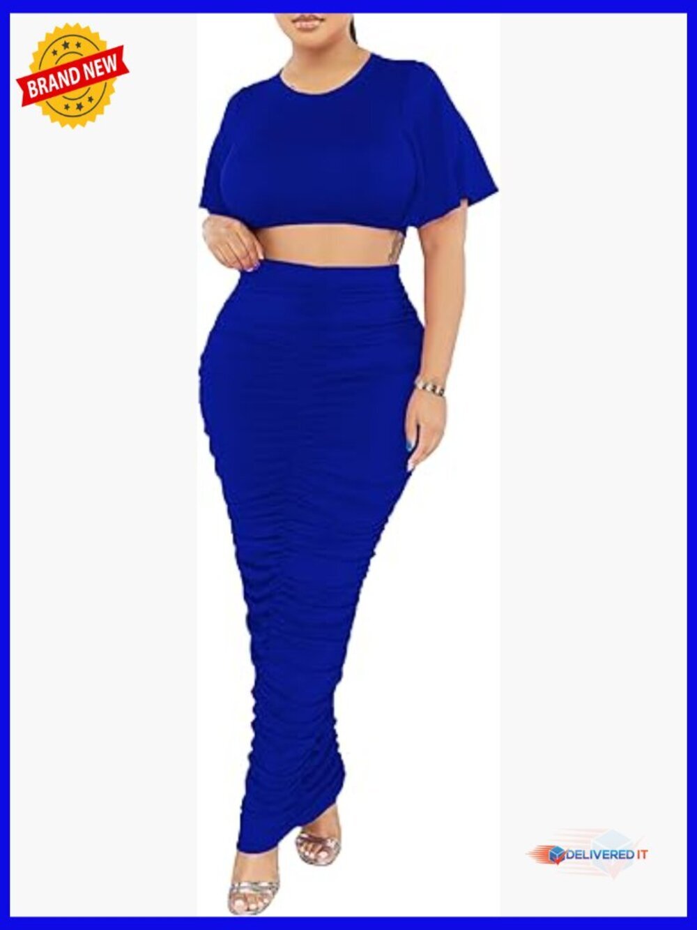 Women's 2 Piece Bodycon Skirt Set Flare Sleeve Crop Top Maxi Skirt